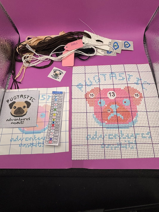 Pugtastic Adventures Await Cross Stitch Kit